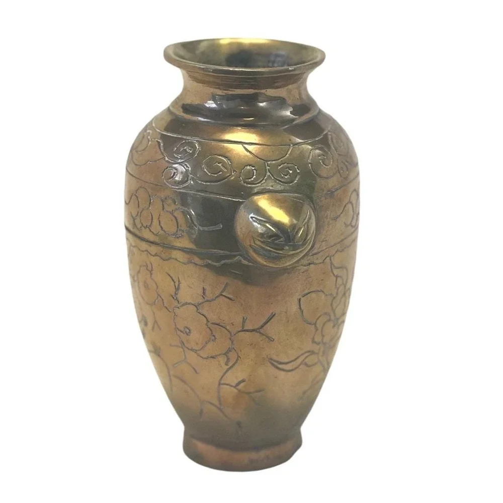 Vintage Chinese Qianlong Style Engraved Brass Vase Asian Floral Design 7